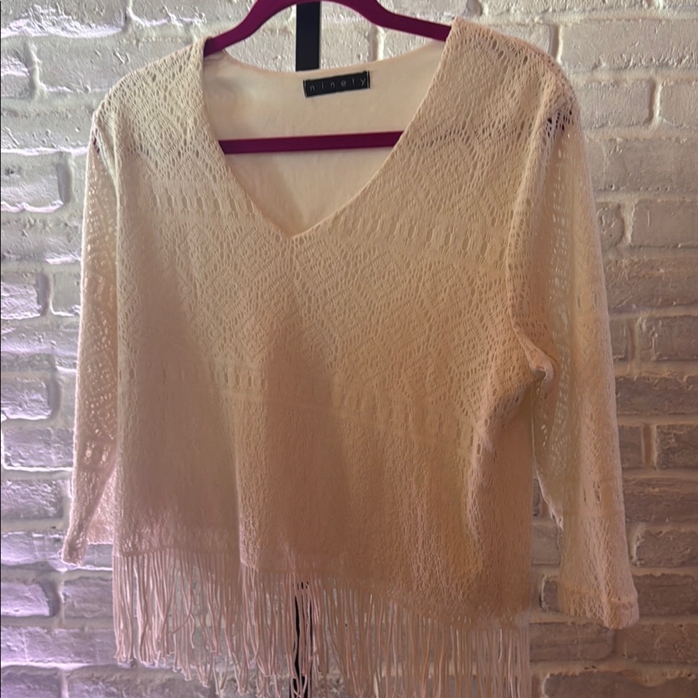 Ninety Cream Long Sleeve Fringe Top